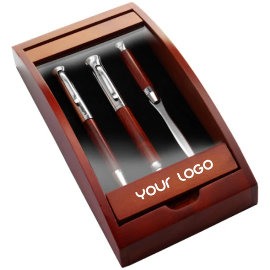 Pennenset | Rozenhout en Aluminium | Incl. balpen, vulpen en briefopener | bruin