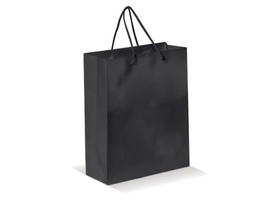 Sac de taille moyenne | Papier 200g/m² | 24x10x30cm | Poignées en corde | Pelliculage brillant | Résistant | Disponible en plusieurs couleurs | Noir