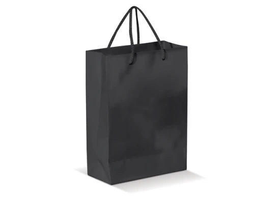 Petit sac | Papier 200 g/m² | 18x8x24 cm | Poignées en corde | Pelliculage brillant | Résistant | Disponible en plusieurs couleurs | Noir