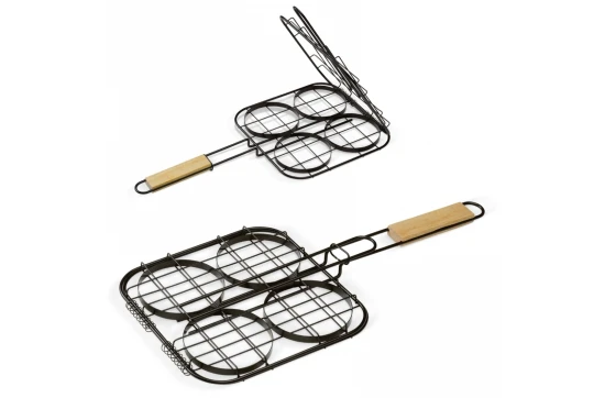Barbecue hamburger grill | IJzer & hout | 4 hamburgers tegelijk | Hout