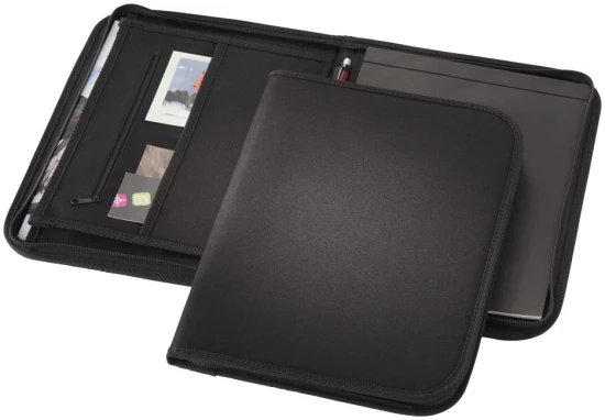 Portfolio met rits | 20 pagina's gelinieerd notitieblok | 600D van Polyester | A4 | zwart