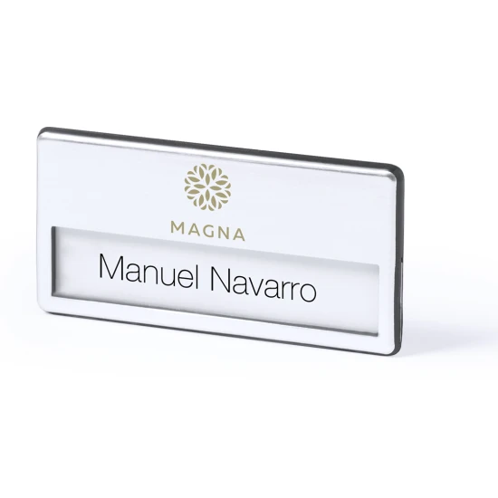 Name tag badge | Metal | 6.8x3.4x0.9cm | Double fixing system | Silver