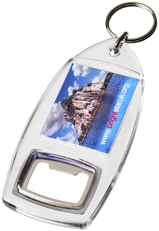 Sleutelhanger met flesopener | Kunststof | 9,7 cm x 4,7 cm | Vlak profiel | transparant