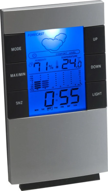 Wetterstation | Kunststoff | Für Schreibtisch oder Wand | Inklusive Batterien | Silber