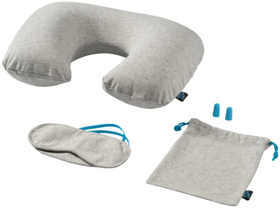 Reisset | Polyester | Met opblaasbaar nekkussen, slaapmasker en oordopjes | grijs;oceaan blauw