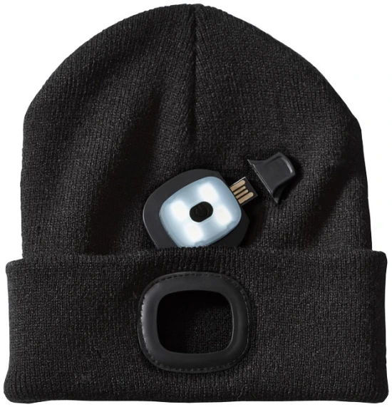 Gebreide muts | Acryl | Dubbel laags | Verwijderbare en oplaadbare koplamp | zwart