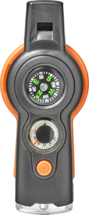Survival tool | Whistle, compass, thermometre, light | 10,8 x 4,8 x 2,4 cm | orange