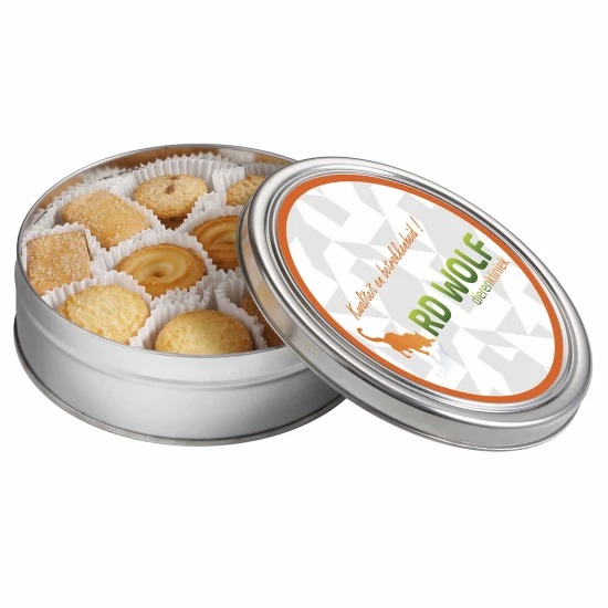 Koekblik rond | 340g koekjes | full colour sticker | Zilver