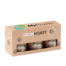 Set van 3 natuurlijke honingpotjes | Honingbij bloemzaadjes | Incl. honingdipper