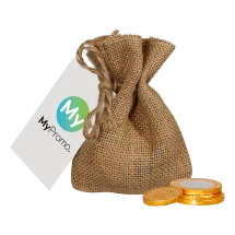 Burlap bag with chocolate coins | Milk chocolate coins | 50g | Customiseable card