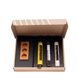 Cooking box with holder | Glass & wood | 3 pieces | Himalayan salt, black pepper & olive oil