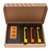 Kochbox mit Halter | Glas & Holz | 4 Stück | Himalayasalz, schwarzer Pfeffer & Olivenöl