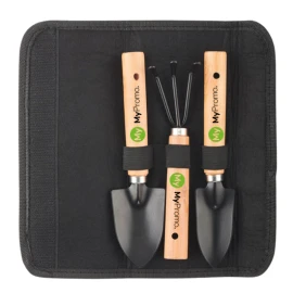 Set of 3 garden tools | rPET felt pouch | 9x22cm | Harrow and 2 spades