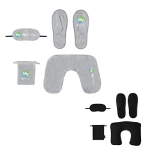 Reiseset | Recyceltes Polyester | Inkl. Reisekissen, Schlafmaske & Hausschuhe