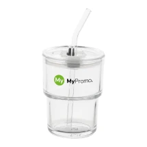 Reisbeker | Glas | Kunststof deksel & glazen rietje | 400 ml