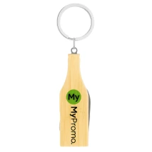 Multitool sleutelhanger | Roestvrij staal & bamboe | 2 × 7,5 × 1 cm | In de vorm van een fles | 4 functies