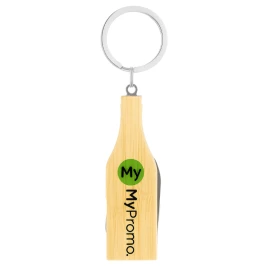 Multi tool keyring | Stainless steel & bamboo | 2 X 7,5 x 1 cm | Bottle shaped | 4 functions