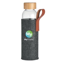 Waterfles | Glas | 500 ml | Met bamboedeksel | PU-handvat | RPET-vilten polyester hoes