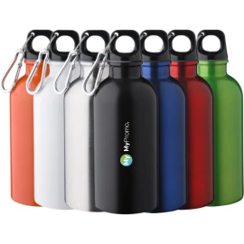 Water bottle | Recycled stainless steel & PP | 400ml | With aluminium carabiner | Sustainable