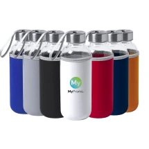 Drinkfles | Glas | 420 ml | Schroefdeksel met veiligheid | Neopreen hoes | Draagkoord