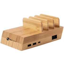 Oplaadstation | Bamboe | Snellader, 10W | 2 USB-poorten en 1 USB-C poort