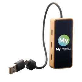 USB-hub | Bamboe & rPET | 3 USB-A en 3 Type-C | Verlicht logo