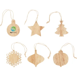 Ensemble d’ornements | Bois et jute | Lot de 6 | Motifs de Noël