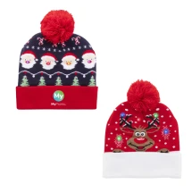 Weihnachtsmütze | Weiches Acryl | Mit LED-Licht | Weihnachtsmann & Rentier | Batterie enthalten