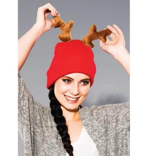 Bonnet de noël tricoté | Acrylique peluche | Motif renne | Taille unique | Festif | rouge