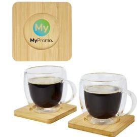 2 doppelwandige Becher | Glas | 250ml | Inklusive Bambus-Untersetzer