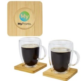 2 doppelwandige Becher | Glas | 350ml | Inklusive Bambus-Untersetzer