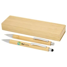 Pen set | Bamboo | Ballpoint pen & mechanical pencil | Black ink | With chrome metal clip