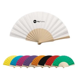 Hand fan | Natural wood & polyester | 42,5 x 23 cm | Bright colors