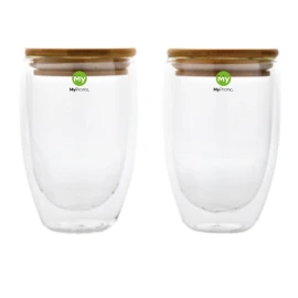 Juego de vasos térmicos | Borosilicato con tapa de bambú | 350ml