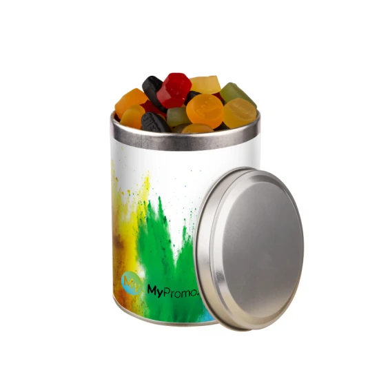 Middelgrote ronde blik gevuld met snoep | Ø10cmx13cm | 650g | Gemaakt in Nederland | Zilver