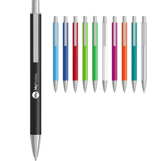 Groove balpen | Metaal | Blauwe inkt | Punt en drukknop in glanzend zilver | Zwart