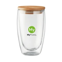 Glazen beker | Dubbelwandig borosilicaat glas | Bamboe deksel | 450 ml