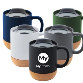 Taza | Cerámica y PP | 325ml | Tapa para beber y base de corcho natural | Alta calidad