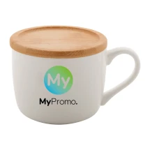 Mok | Porselein | Groot formaat | 400 ml | Ø10×8cm | Bamboe onderzetter en deksel