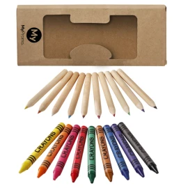 19-piece set | Cardboard box | Wax crayons and colored pencils