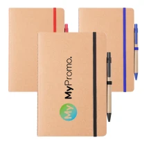 A5-Notizbuch | Recycelter Karton | 60 Blankoseiten | Farbiger Gummibandverschluss | Inkl. Kugelschreiber aus Weizenstrohplastik