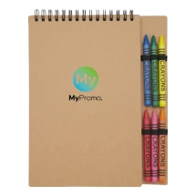 A5-Notizbuch mit Wachsmalstiften | Papier 70g/m² | 50 linierte Seiten | Mit 6 Wachsmalstiften