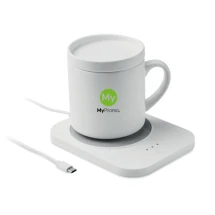 Set 2 en 1 chargeur sans fil et chauffe-tasse | Tasse en céramique avec couvercle | 250 ml | Charge rapide
