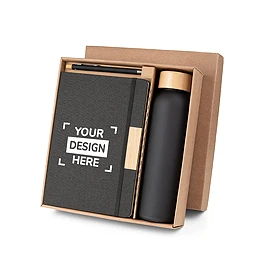 SCLIAR. Ensemble composé d'un stylo à bille, d'un bloc-notes et d'une bouteille, fabriqués à partir de PET recyclé, d'aluminium recyclé et de bambou