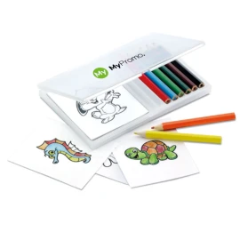 Colouring set |10 x 14,5 x 1 cm | Plastic | 8 wooden pencils & 20 paper drawings