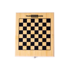 Schach-weinset | Bambus & edelstahl | 550 g | 148 × 168 × 52 mm | 4 teile mit schachbrett & 32 figuren
