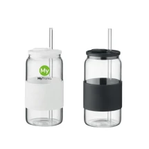 Drinkbeker | Hoog borosilicaatglas | 550 ml | Met rietje & siliconen grip