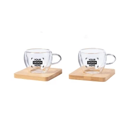 Ensemble de mugs isothermes | Verre borosilicate | 90 ml | Avec dessous de verre en bambou