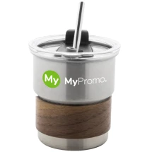 Reisbeker | Enkelwandig gerecycled roestvrij staal | Walnoothouten grip | Kunststof deksel & rietje | 260 ml