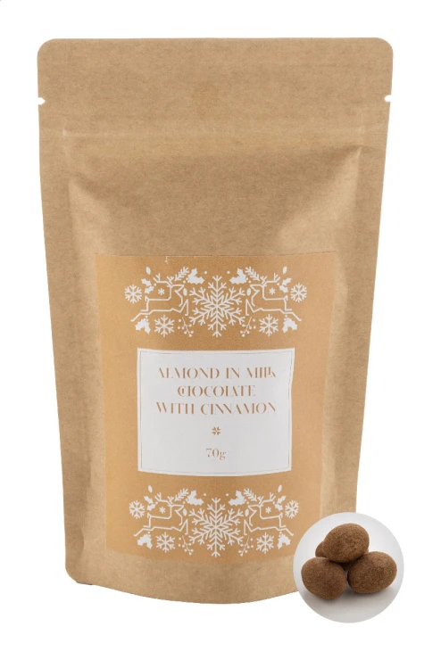 Amandelen met melkchocolade en kaneel | Natuurlijke kraftpapieren zak | 70g | Wintersnack | Natuurlijk